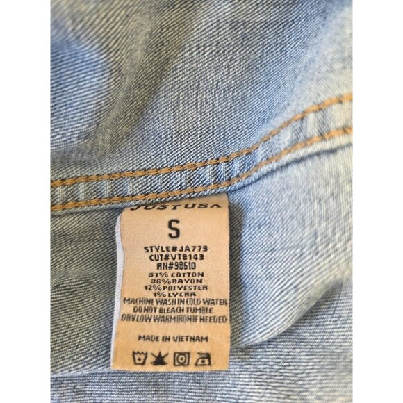 Justusa Denim Stretch Jean Jacket Women Sz S Buttons Distress Pockets Adjust Hem - Picture 9 of 10